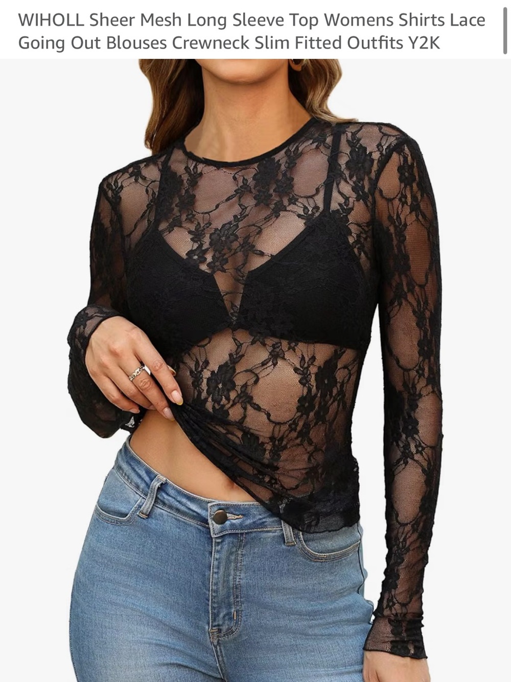 Black Sheer Lace Long-Sleeve Crewneck Top
